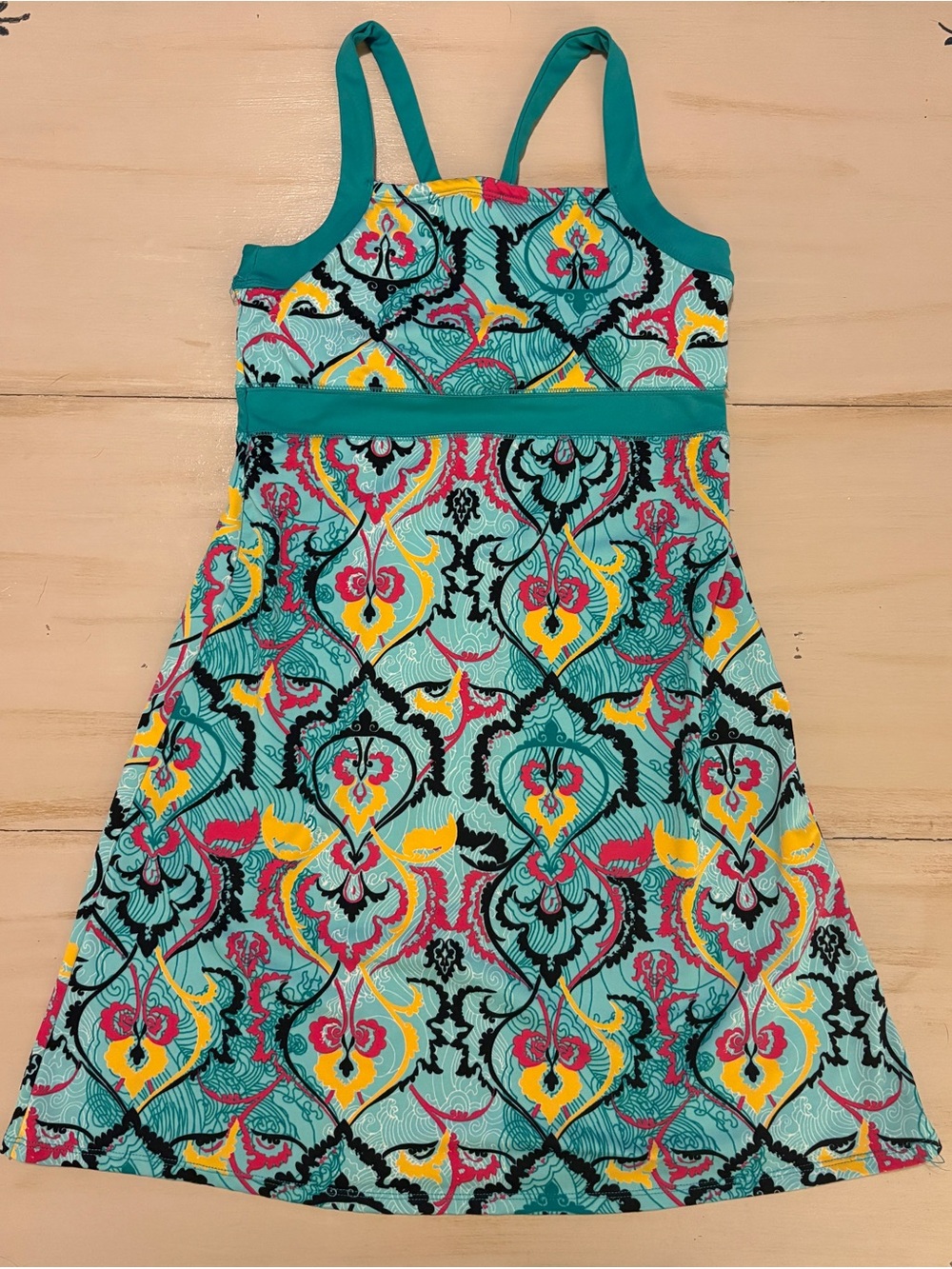 Soybu Teal Patterned Mini Dress with Yellow & Pink Accents